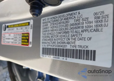 2025 Honda Ridgeline Rtl z USA, uszkodzony, nr VIN 5FPYK3F53SB040201